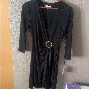 Calvin Klein Black Faux-Wrap Dress with Gold Ring Waist Accent
